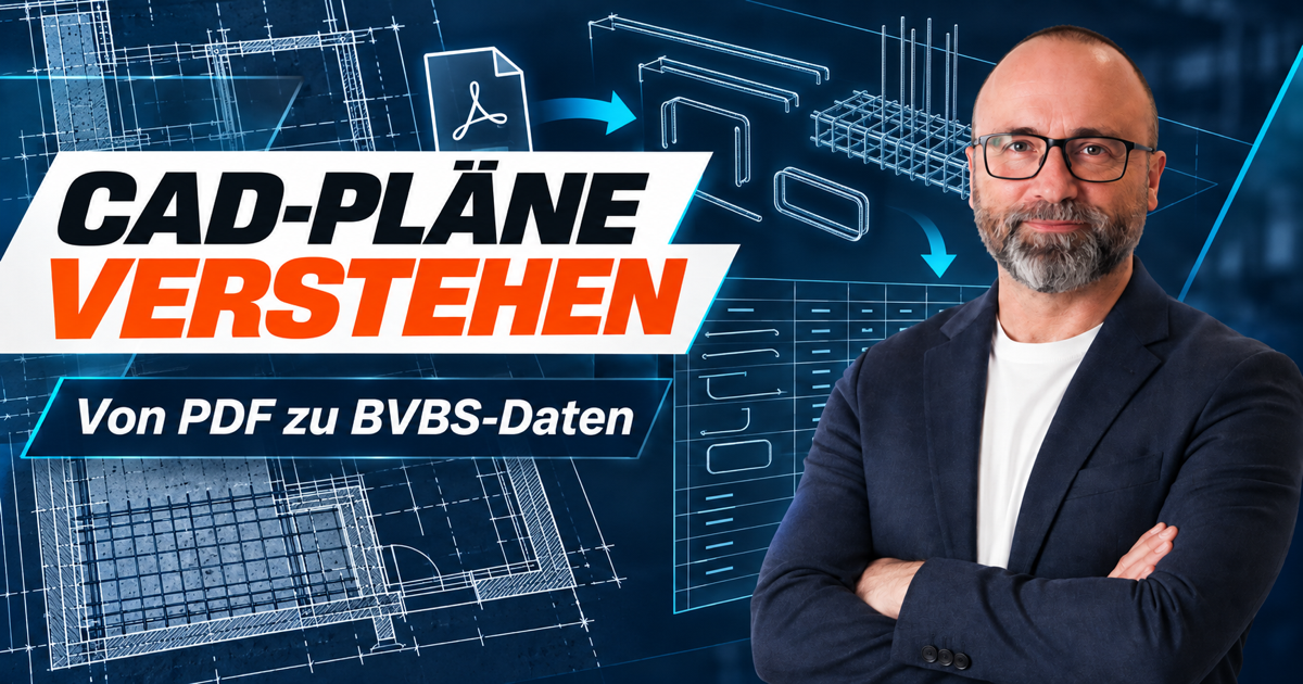 Robert Damisch vor einem technischen Bewehrungsplan mit Datenfluss vom CAD-PDF zu BVBS-Daten