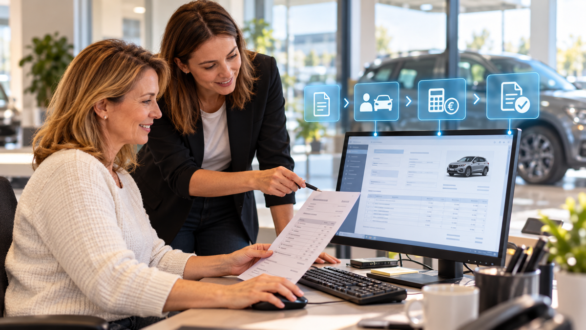 Zwei Mitarbeiterinnen prüfen gemeinsam einen Fakturenzettel und die Fahrzeugrechnung am Arbeitsplatz im Autohaus