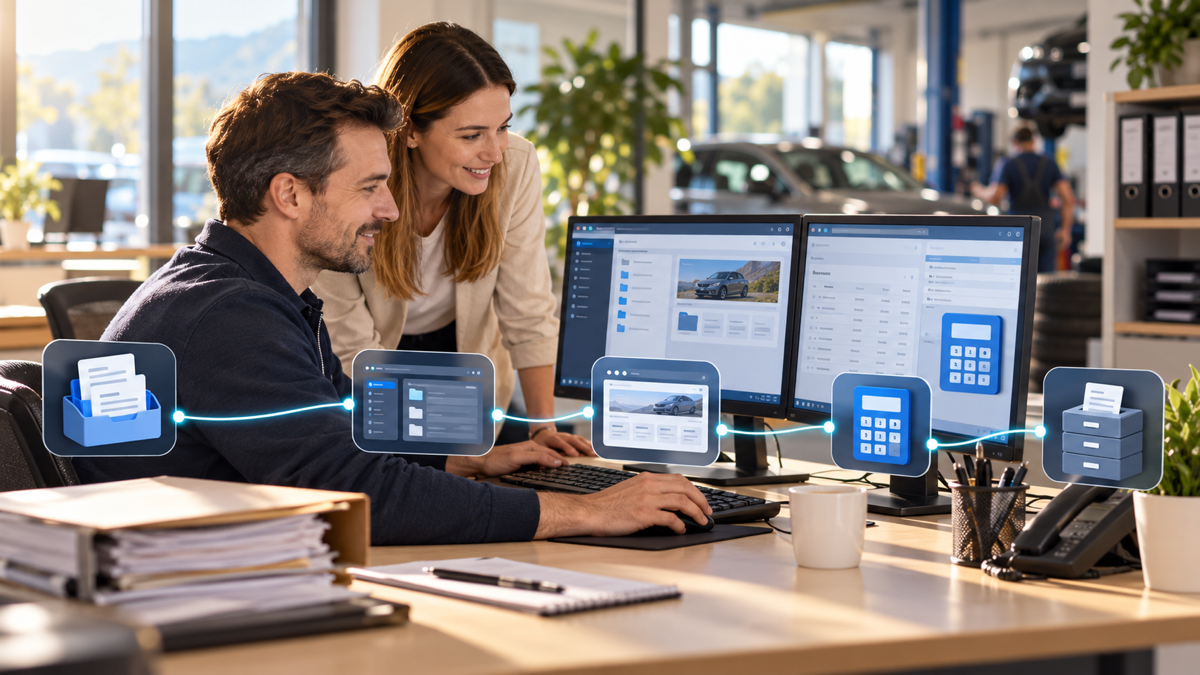 Zwei Mitarbeitende begleiten einen Arbeitsablauf über Dokumente, Fachsoftware, Browser, Buchhaltung und Archiv hinweg