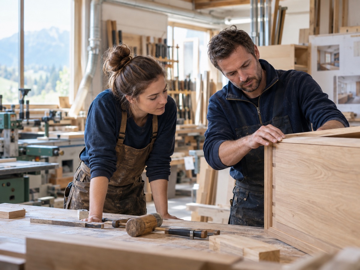 Handwerksbetrieb bei präziser Arbeit in einer modernen Tischlerei
