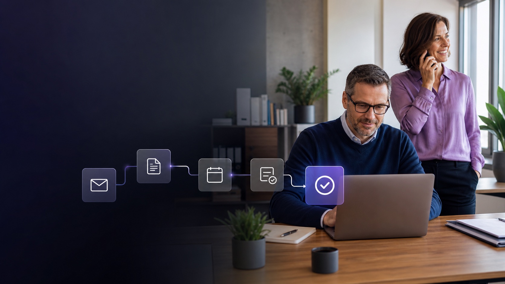 Ein KMU-Team arbeitet mit automatisch verbundenen Anfragen, Dokumenten und Aufgaben
