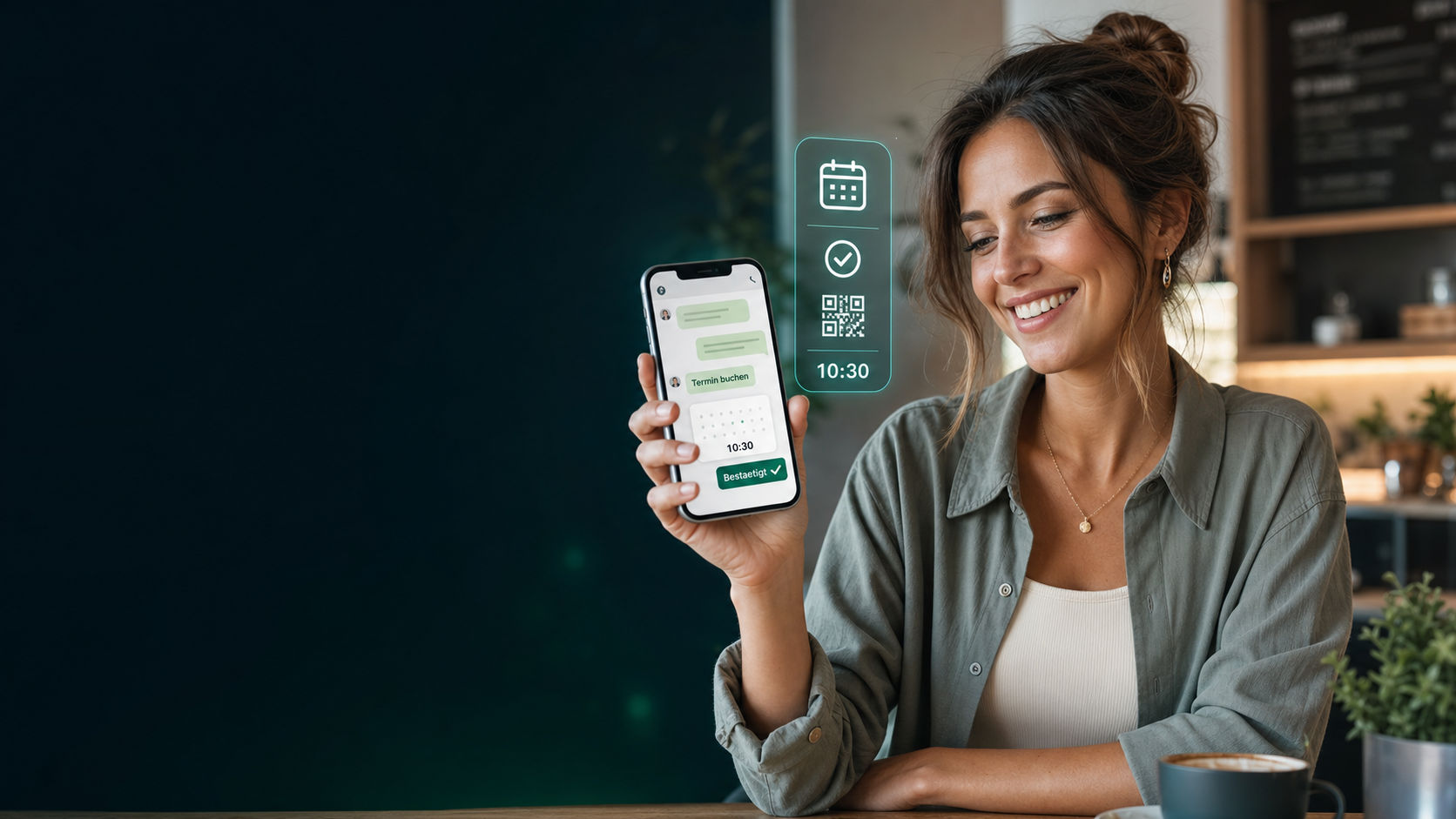Junge Frau freut sich ueber eine einfache Terminbuchung per WhatsApp